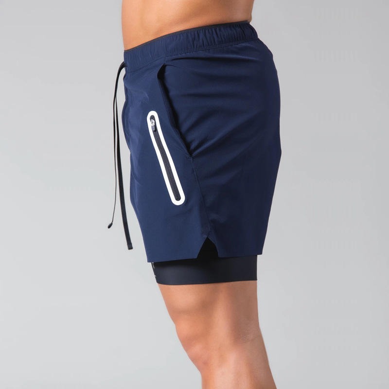 Short de sport à double épaisseur avec poche zippée pour homme, pour entraînement, course à pied, gym | DK-03