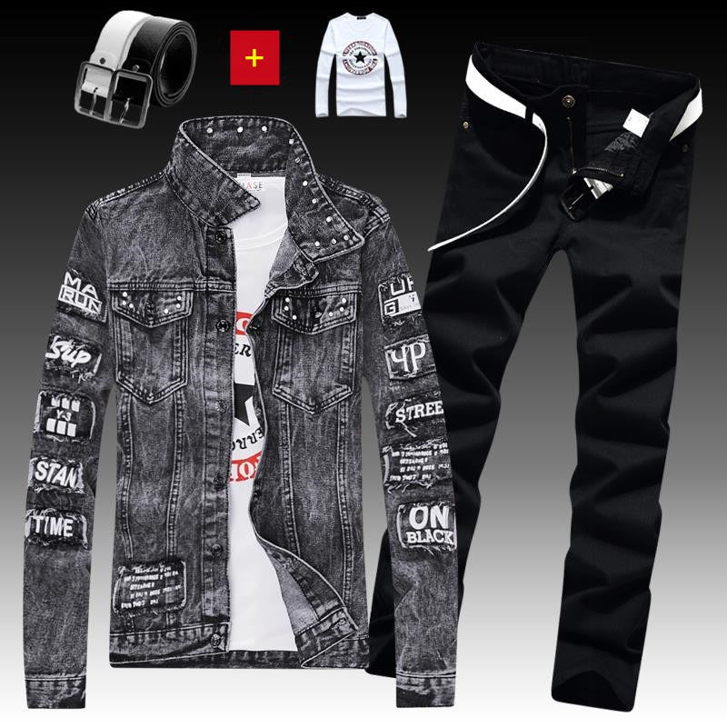 Ensemble 3 pièces veste en jean pour homme, pantalon imprimé lettres, décontracté, simple boutonnage
