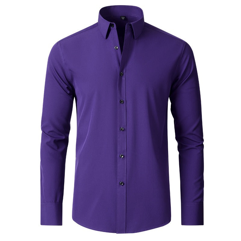 Chemise extensible à manches longues pour homme, couleur unie, coupe slim, sans repassage, style business décontracté
