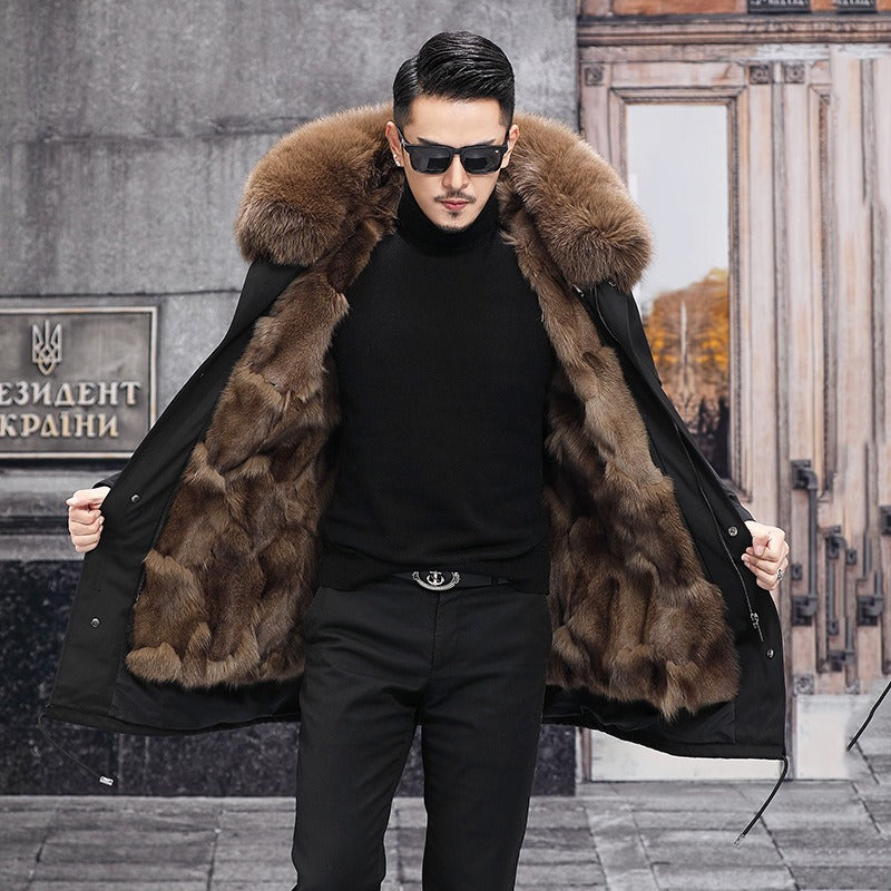 Giacca parka calda con cappuccio in vera pelliccia di volpe di prima qualità e fodera in vera pelliccia di visone | 209