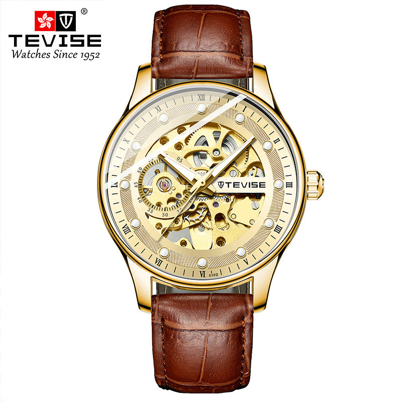 Orologio da polso meccanico automatico scheletrato da uomo con cinturino in pelle | T836D