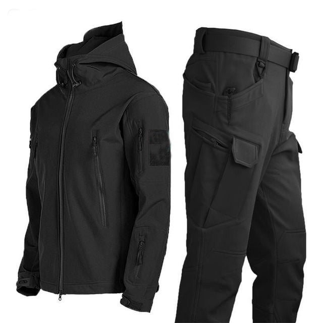 Tuta da trekking impermeabile da uomo, giacca a vento tattica, giacca con cappuccio, pantaloni da trekking, per uomo, pile termico, set da caccia | 00856
