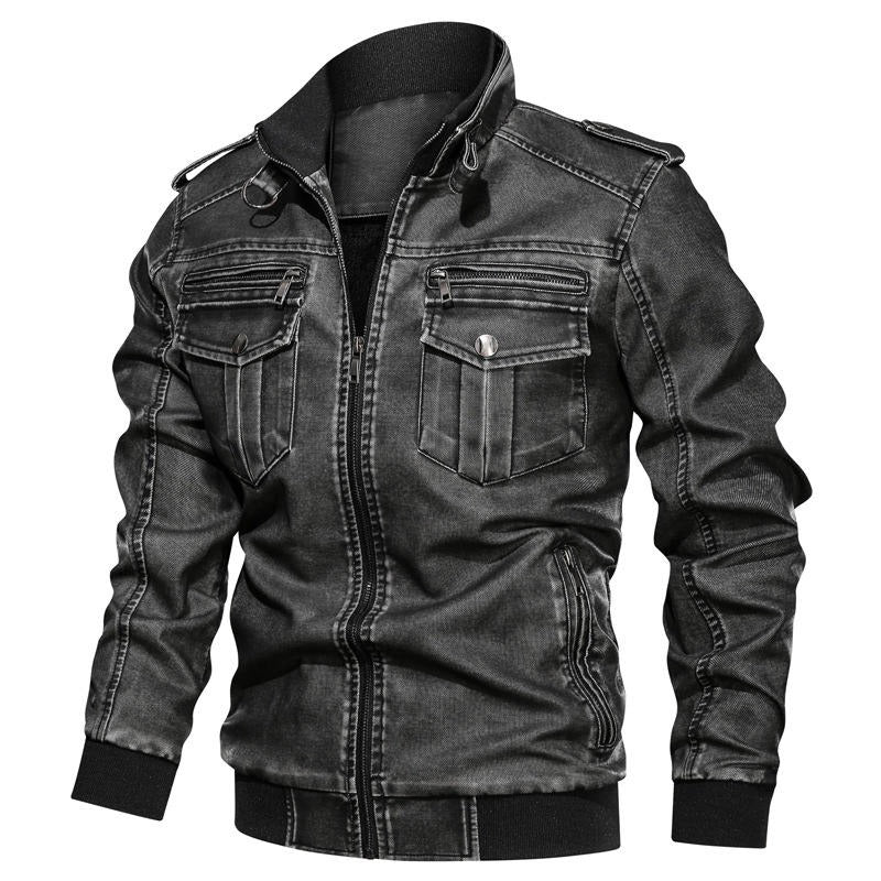Veste en cuir PU à col montant pour homme avec fermeture éclair solide et décontractée | 833