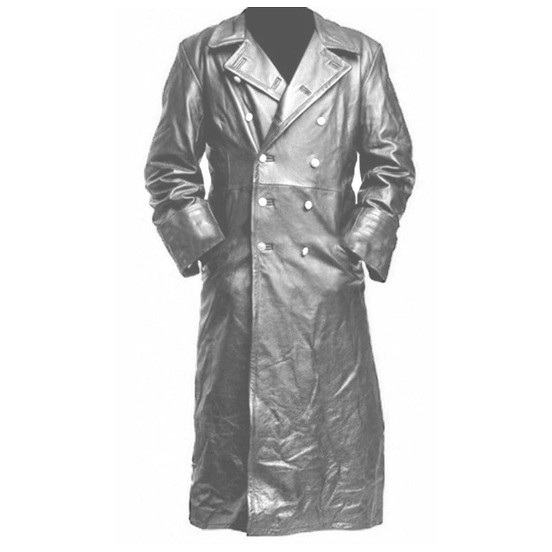 Men's Winter Long Coat Leather Double-Breasted German Military Jacket | 1217-FY8