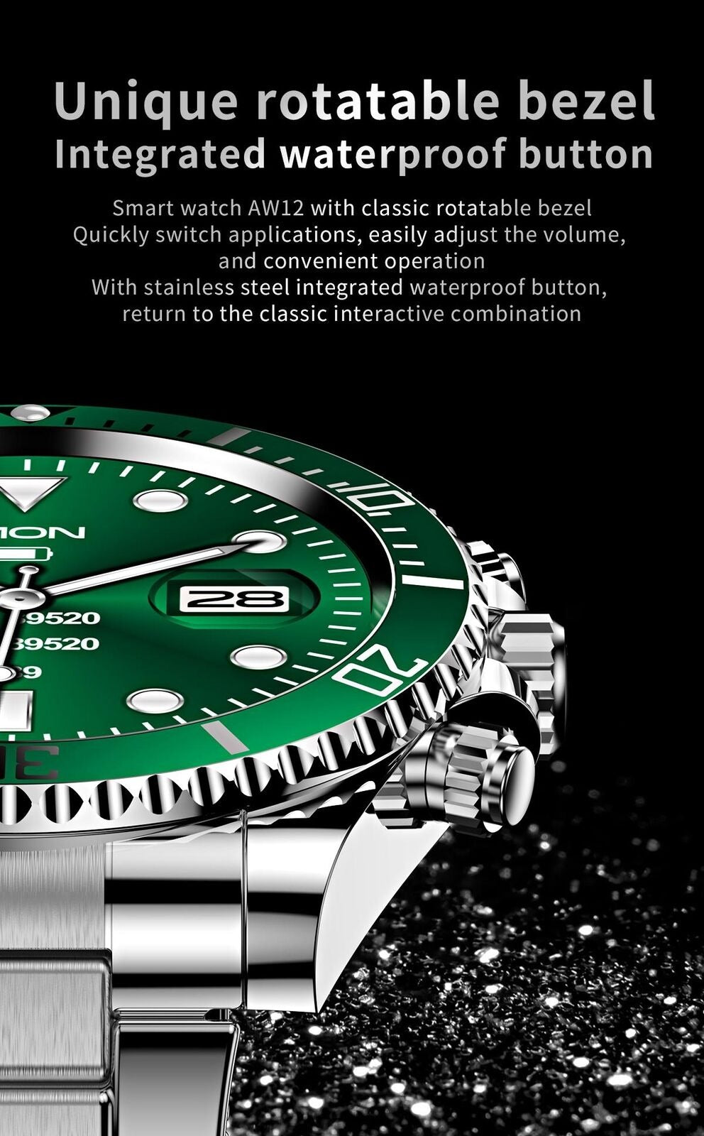 Montre connectée pour homme avec bracelet en acier et appels BT, style Rolex, pour le sport et les affaires | AW-12