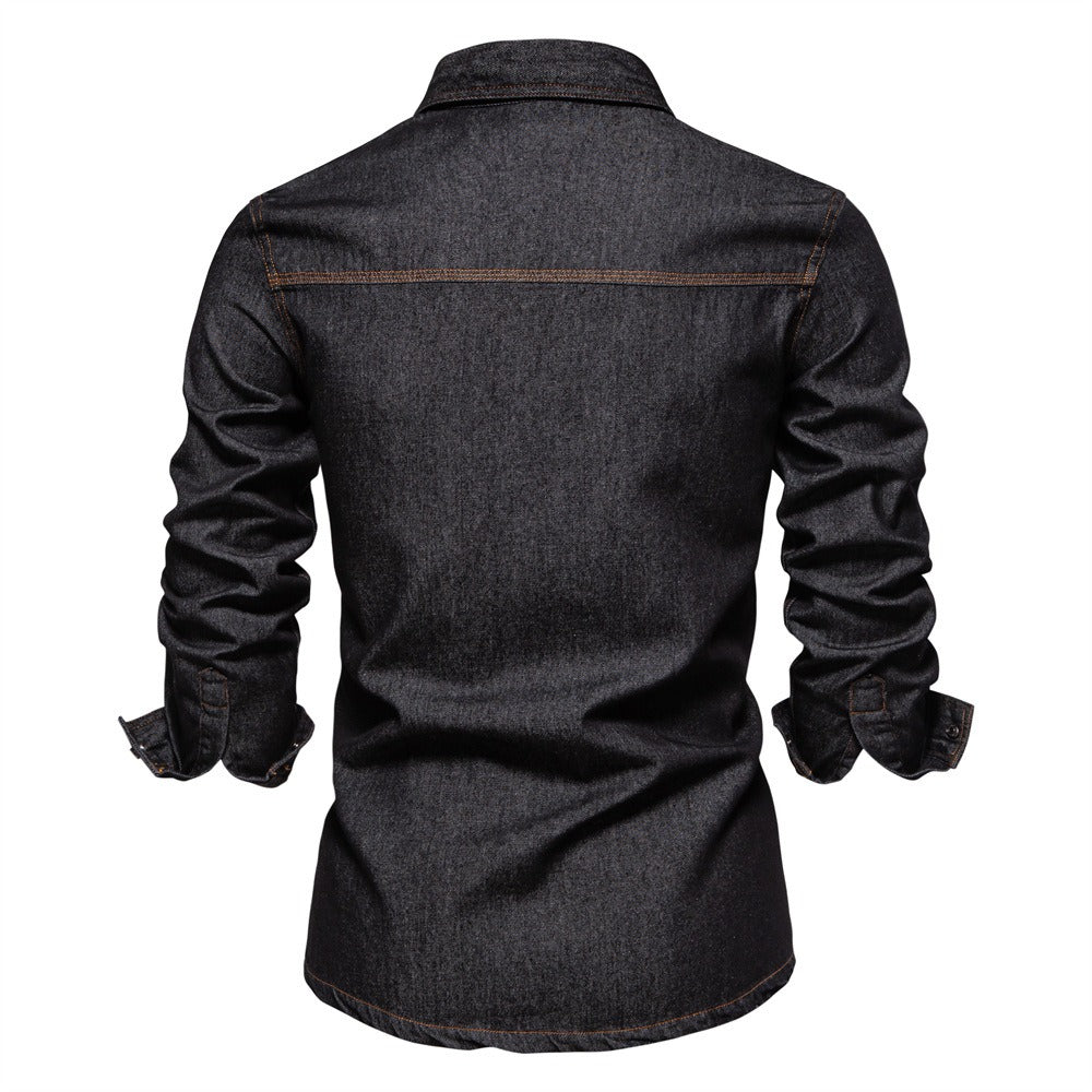 Men’s Washed Denim Shirt – Long Sleeve 100% Cotton Casual Button-Up Top | 6025