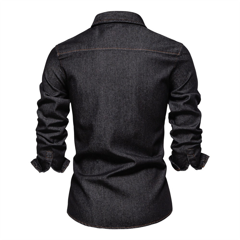 Men’s Euro Fit Washed Cotton Denim Shirt – Long Sleeve Solid Color Casual Button-Up | 6028