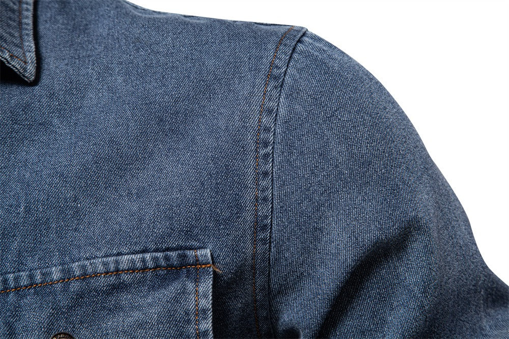 Men’s Euro Fit Washed Cotton Denim Shirt – Long Sleeve Solid Color Casual Button-Up | 6028