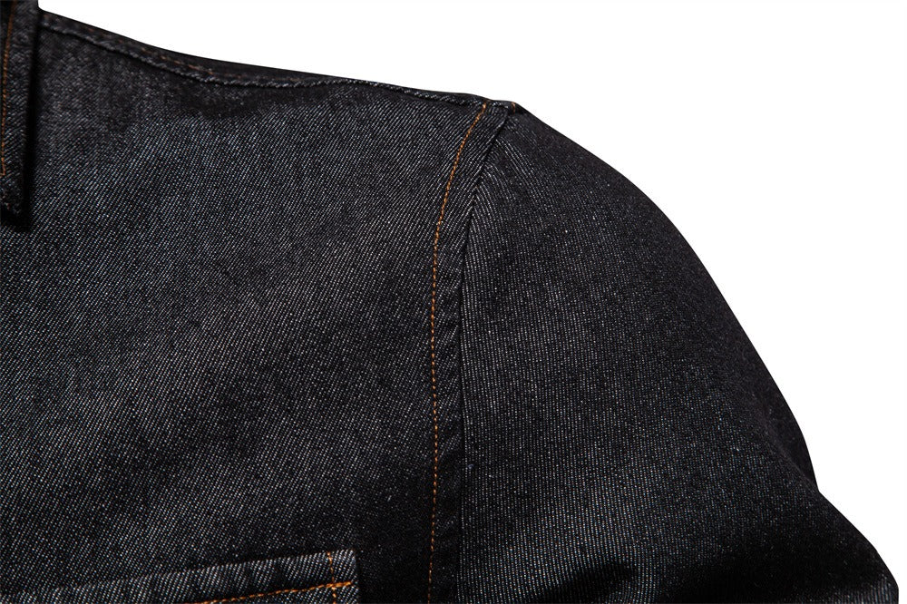 Men’s Euro Fit Washed Cotton Denim Shirt – Long Sleeve Solid Color Casual Button-Up | 6028