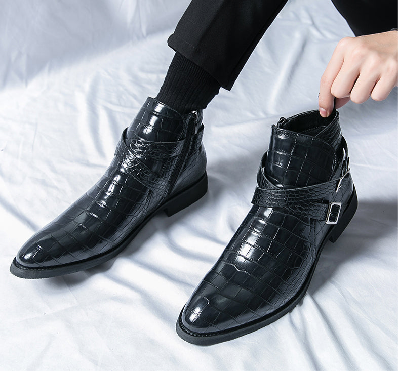 Scarpe da uomo in pelle con cerniera e goffratura alte, stivali Martin vintage | 6805