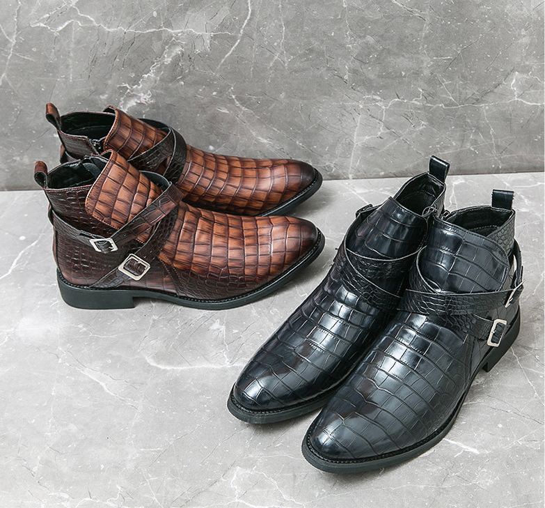 Scarpe da uomo in pelle con cerniera e goffratura alte, stivali Martin vintage | 6805