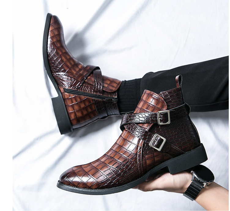 Scarpe da uomo in pelle con cerniera e goffratura alte, stivali Martin vintage | 6805