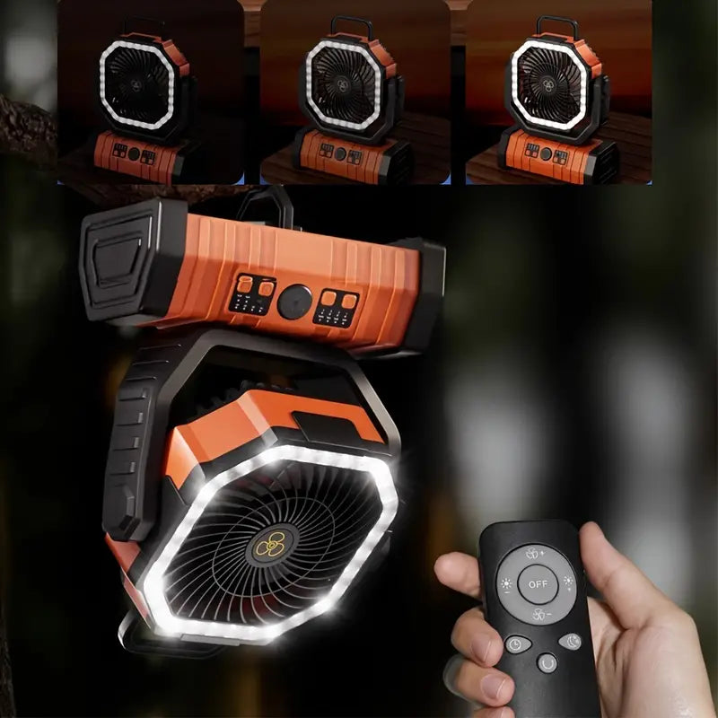 Ventilatore da campeggio portatile ricaricabile per esterni con gancio Ventilatore da tavolo USB con luce LED di emergenza e power bank per picnic, escursionismo, pesca