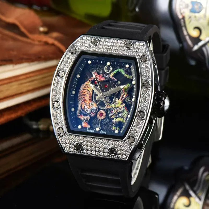 Orologio da uomo di lusso RM Top Luminous Dragon Tiger Diamond Pattern Orologio automatico in gomma | 9924LH