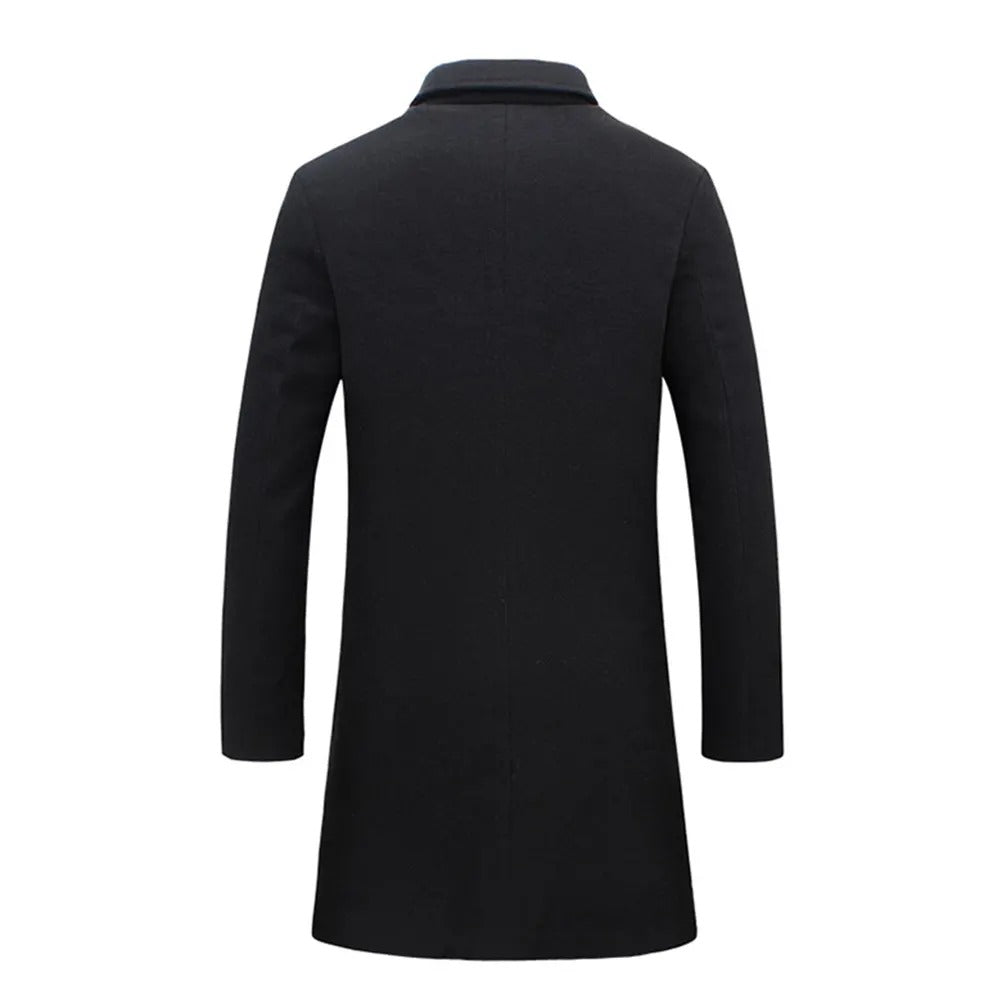 Veste en laine pour hommes, couleur unie, simple boutonnage, revers, long manteau, manteau d'affaires | D67