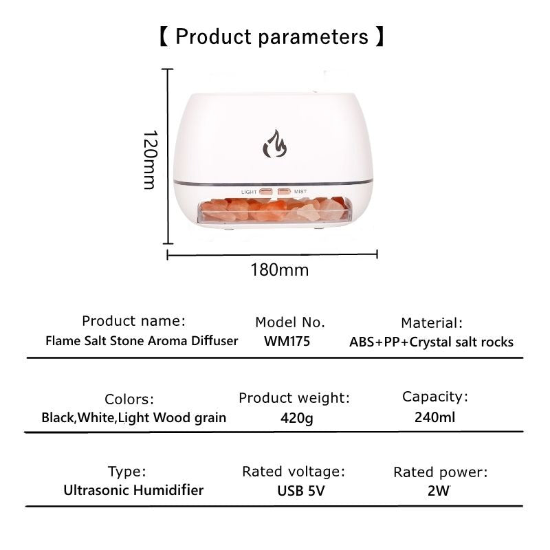 Umidificatori per aromi con cristalli di sale dell'Himalaya, 7 colori, LED USB, diffusore di oli essenziali per aromaterapia con fiamma di fuoco portatile | 101