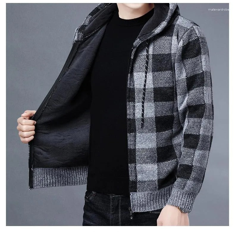 Manteau d'hiver décontracté à capuche pour hommes, tricot, vêtements d'extérieur, pull à carreaux, cardigan à fermeture éclair complète, vestes