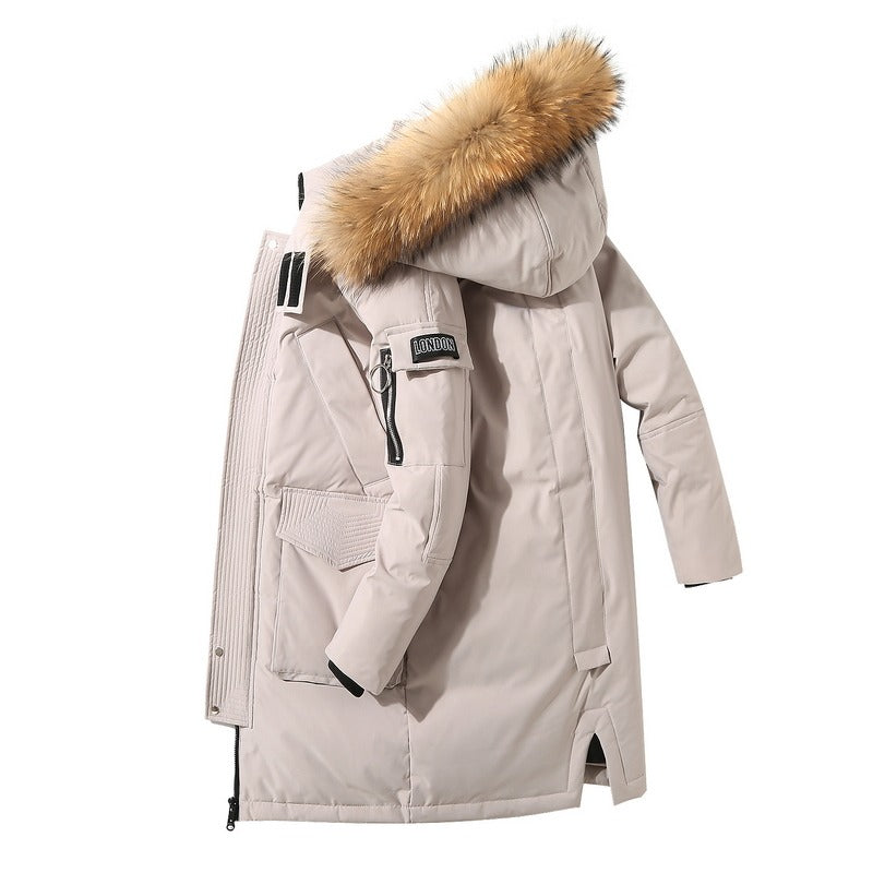 Doudoune mi-longue pour homme avec capuche et col en fourrure et manteau en duvet de canard en velours | 896