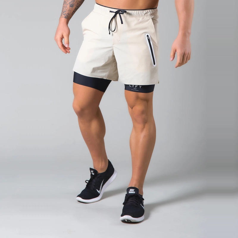 Short de sport à double épaisseur avec poche zippée pour homme, pour entraînement, course à pied, gym | DK-03