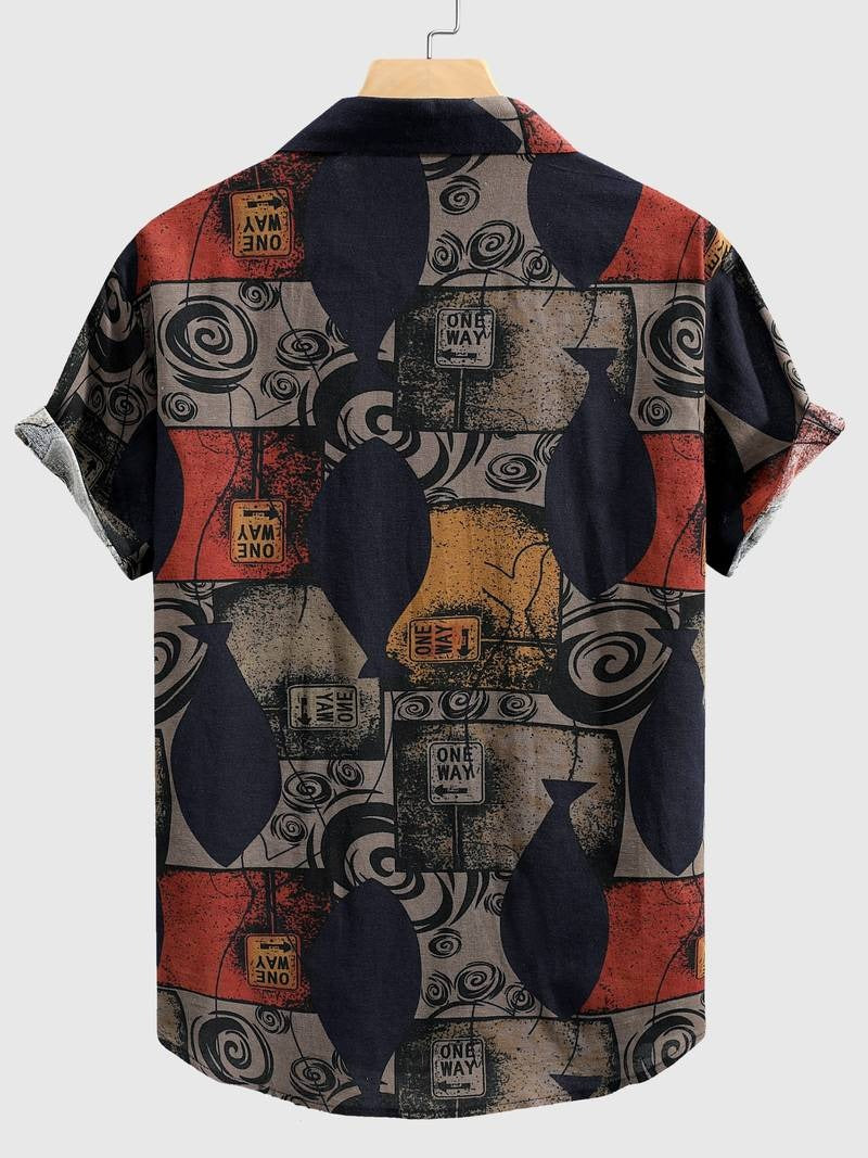 Men's Short Sleeve Button Up Top Lapel Collar Geometric Print Loose Fit Breathable Quick-Dry Cotton Blend Shirt