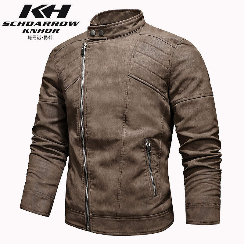 Men's PU Leather Jacket Padded Lapel Oblique Lapel Zipper Korean Stand-up Collar Jacket Blazer | KH-138