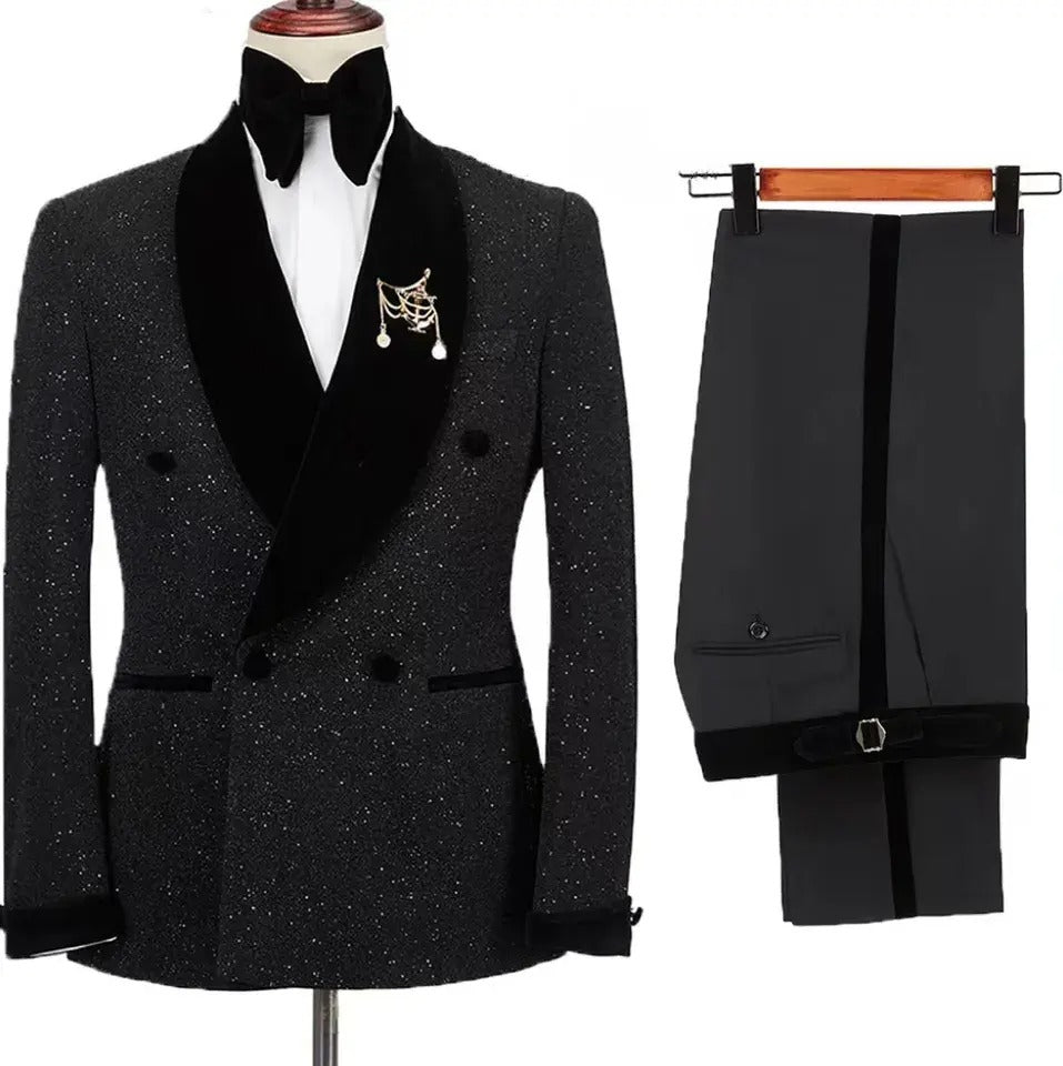 Giacca lucida con pantaloni set abiti 2 pezzi smoking sposo nero velluto piatto collo scialle abiti da sposa smoking | LL830