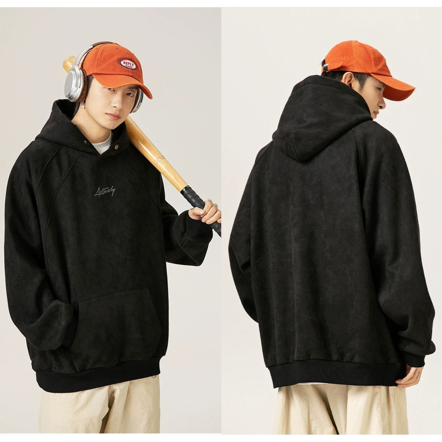 Unisex Heavy Suede Hooded Sweatshirt Retro American Style for Autumn & Winter Loose Fit Hoodie | L3848