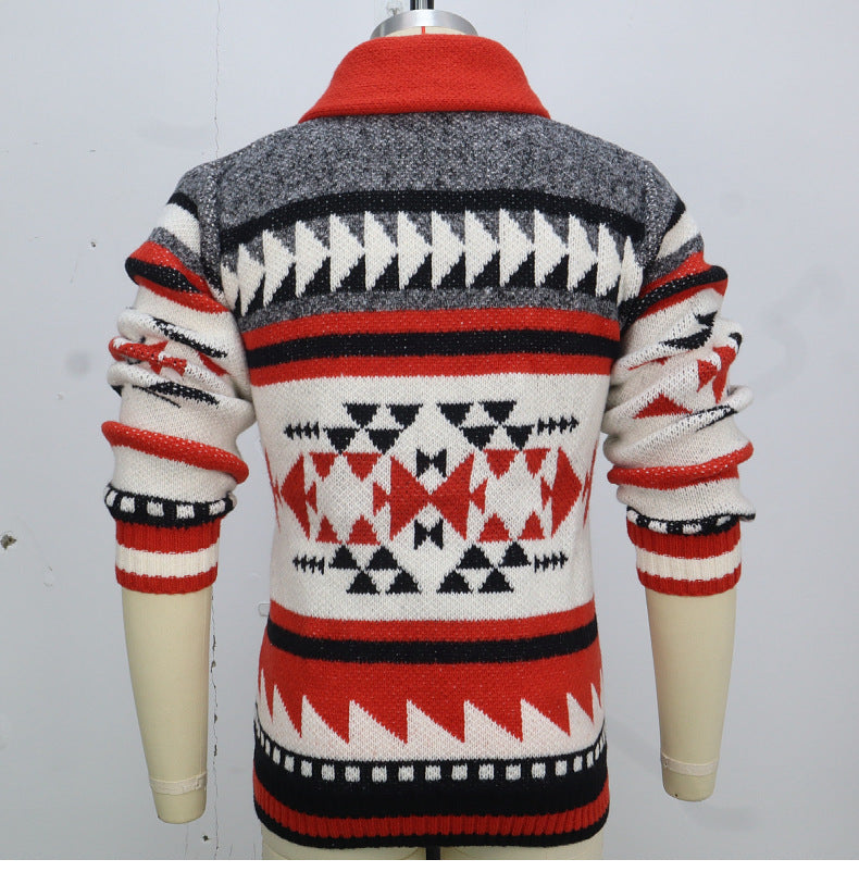 Men's Zipper Cardigan Jacket European & American Long Sleeve Lapel Jacquard Sweater | SY0012