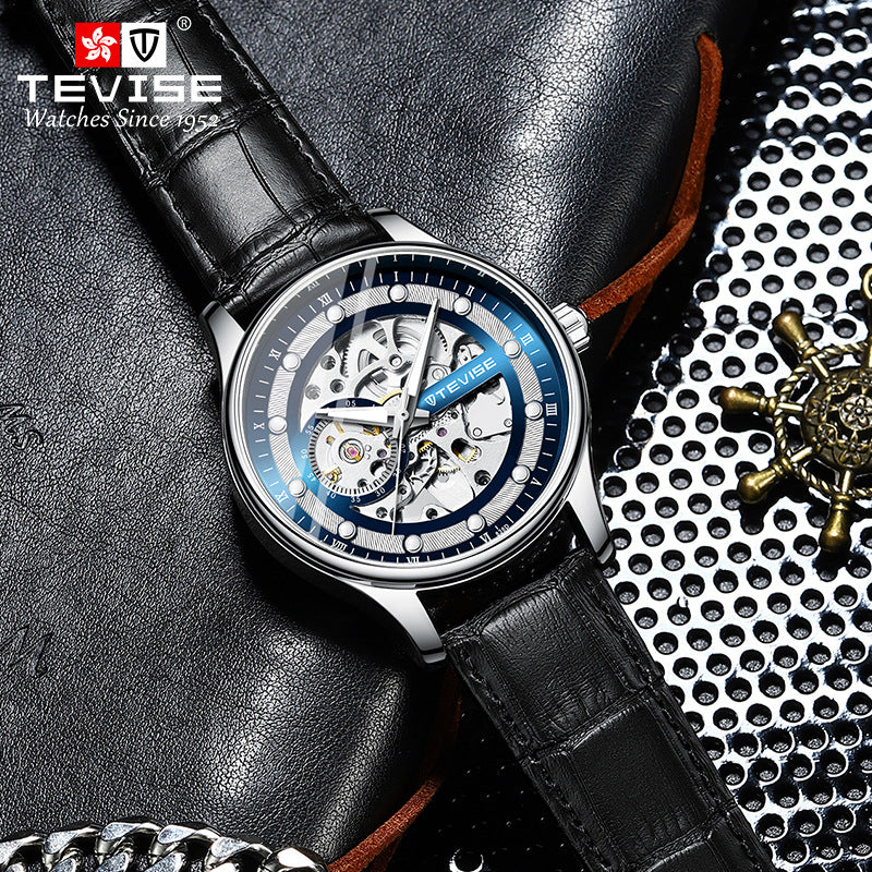 Orologio da polso meccanico automatico scheletrato da uomo con cinturino in pelle | T836D