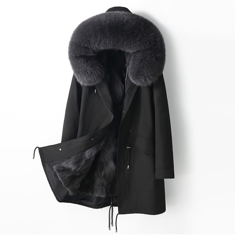 Giacca parka calda con cappuccio in vera pelliccia di volpe di prima qualità e fodera in vera pelliccia di visone | 209