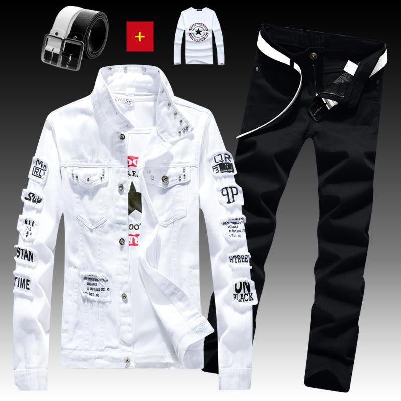 Ensemble 3 pièces veste en jean pour homme, pantalon imprimé lettres, décontracté, simple boutonnage