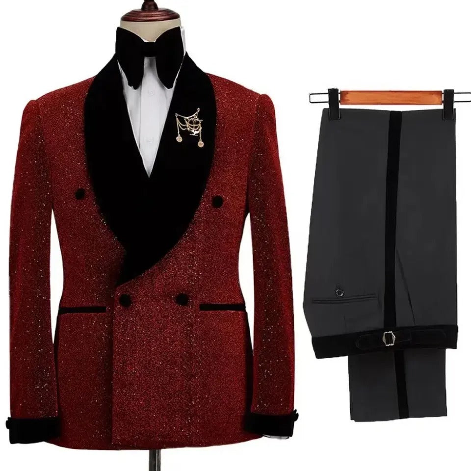 Giacca lucida con pantaloni set abiti 2 pezzi smoking sposo nero velluto piatto collo scialle abiti da sposa smoking | LL830