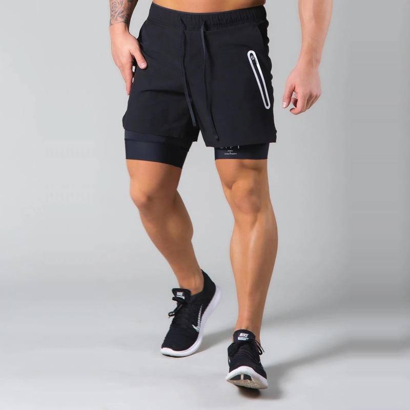Short de sport à double épaisseur avec poche zippée pour homme, pour entraînement, course à pied, gym | DK-03