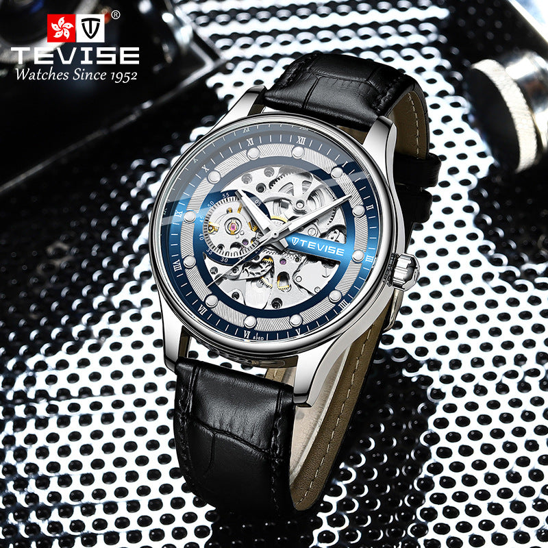 Orologio da polso meccanico automatico scheletrato da uomo con cinturino in pelle | T836D
