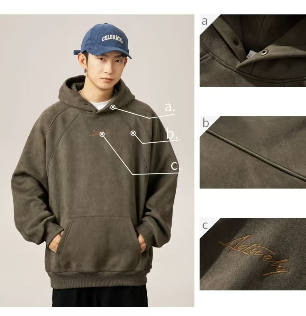Unisex Heavy Suede Hooded Sweatshirt Retro American Style for Autumn & Winter Loose Fit Hoodie | L3848