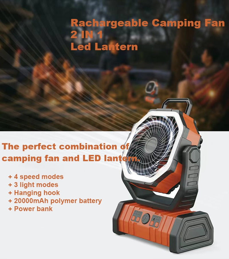 Ventilatore da campeggio portatile ricaricabile per esterni con gancio Ventilatore da tavolo USB con luce LED di emergenza e power bank per picnic, escursionismo, pesca