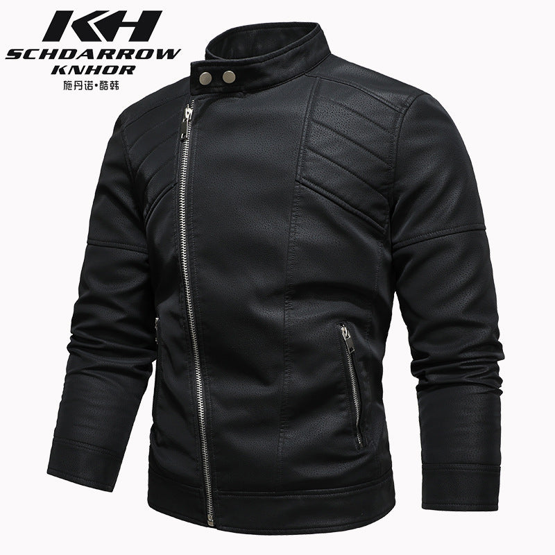 Men's PU Leather Jacket Padded Lapel Oblique Lapel Zipper Korean Stand-up Collar Jacket Blazer | KH-138