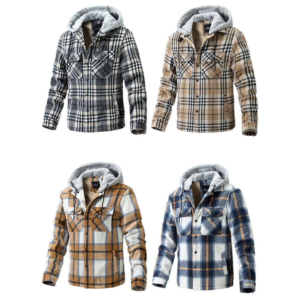 Giacca invernale da uomo di alta qualità, in lana a quadri, pesante, taglie forti, con cappuccio, a quadri, oversize | 88027