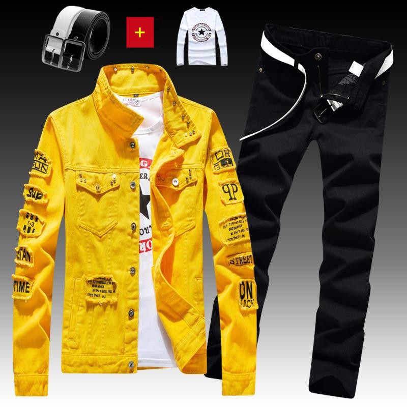 Ensemble 3 pièces veste en jean pour homme, pantalon imprimé lettres, décontracté, simple boutonnage