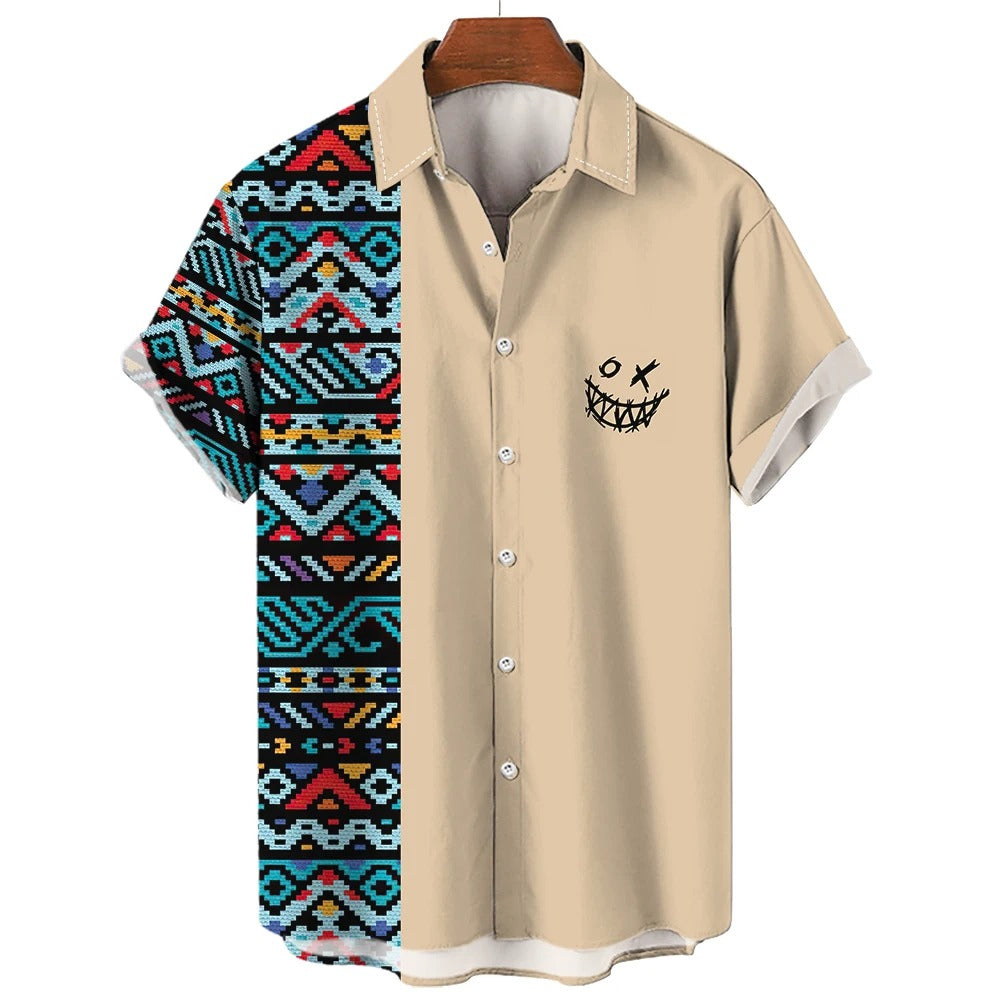 Maglietta casual a maniche corte da uomo con stampa etnica vintage, da cowboy, con risvolto e bottoni, polo da strada