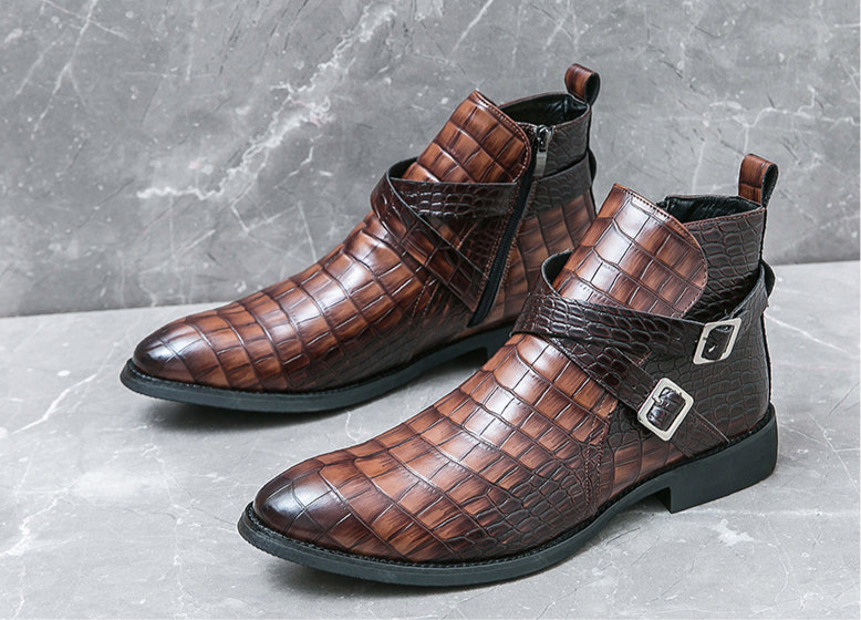 Scarpe da uomo in pelle con cerniera e goffratura alte, stivali Martin vintage | 6805