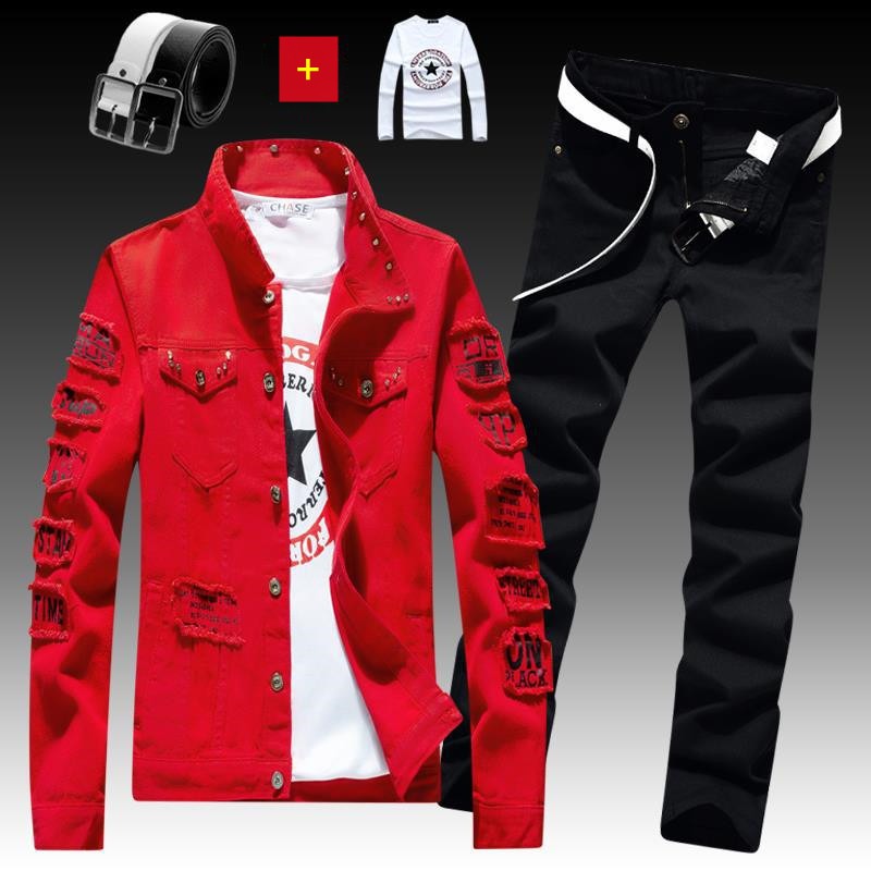 Ensemble 3 pièces veste en jean pour homme, pantalon imprimé lettres, décontracté, simple boutonnage