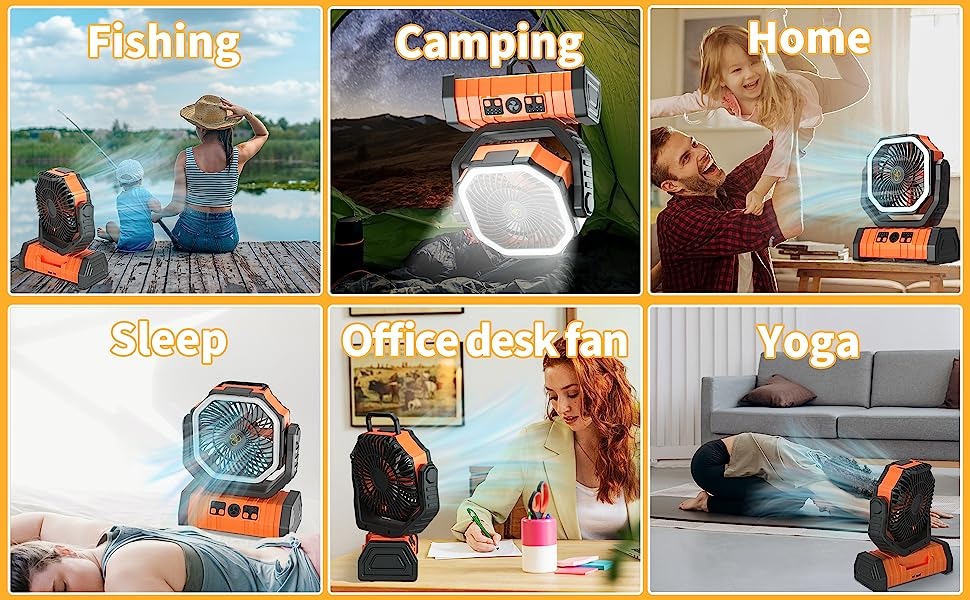 Ventilatore da campeggio portatile ricaricabile per esterni con gancio Ventilatore da tavolo USB con luce LED di emergenza e power bank per picnic, escursionismo, pesca