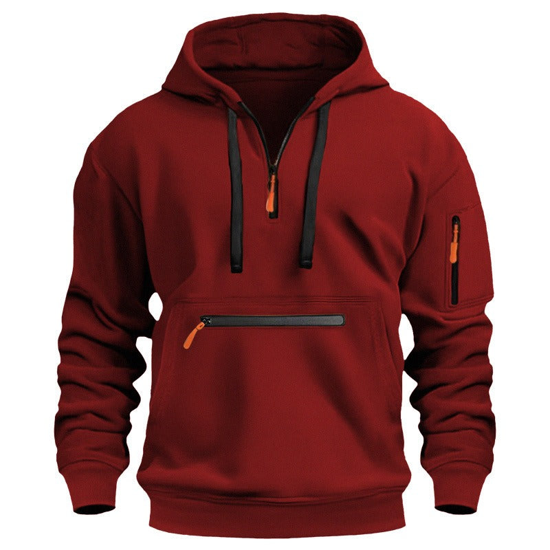 Men’s Pullover Hoodie Solid Pattern Zippered Lined Collar Loose Fit Casual Sportswear | TZ-28