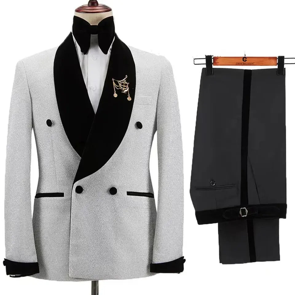 Giacca lucida con pantaloni set abiti 2 pezzi smoking sposo nero velluto piatto collo scialle abiti da sposa smoking | LL830