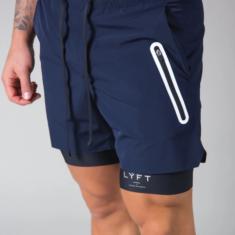 Short de sport à double épaisseur avec poche zippée pour homme, pour entraînement, course à pied, gym | DK-03
