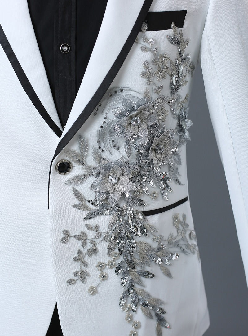 Mens 2 Piece Formal Embroidered Smart Fit Suit Flashing Sequins Crystal Blazers Coat Prom Party Tuxedo Costume Wedding Outfit