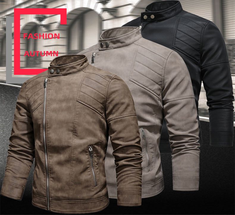 Men's PU Leather Jacket Padded Lapel Oblique Lapel Zipper Korean Stand-up Collar Jacket Blazer | KH-138
