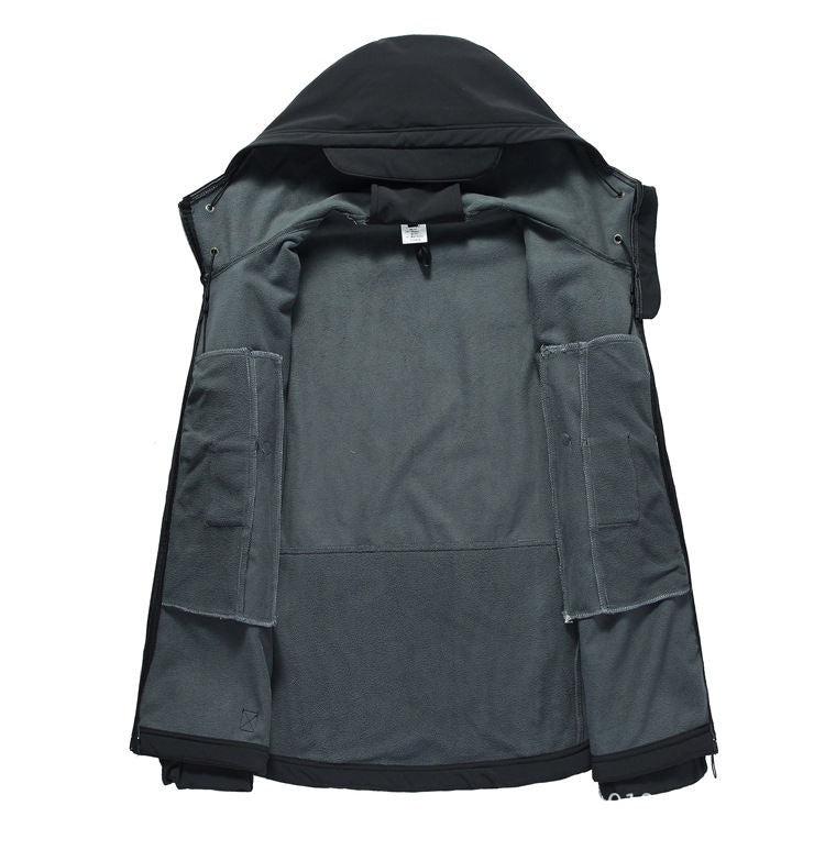 Tuta da trekking impermeabile da uomo, giacca a vento tattica, giacca con cappuccio, pantaloni da trekking, per uomo, pile termico, set da caccia | 00856
