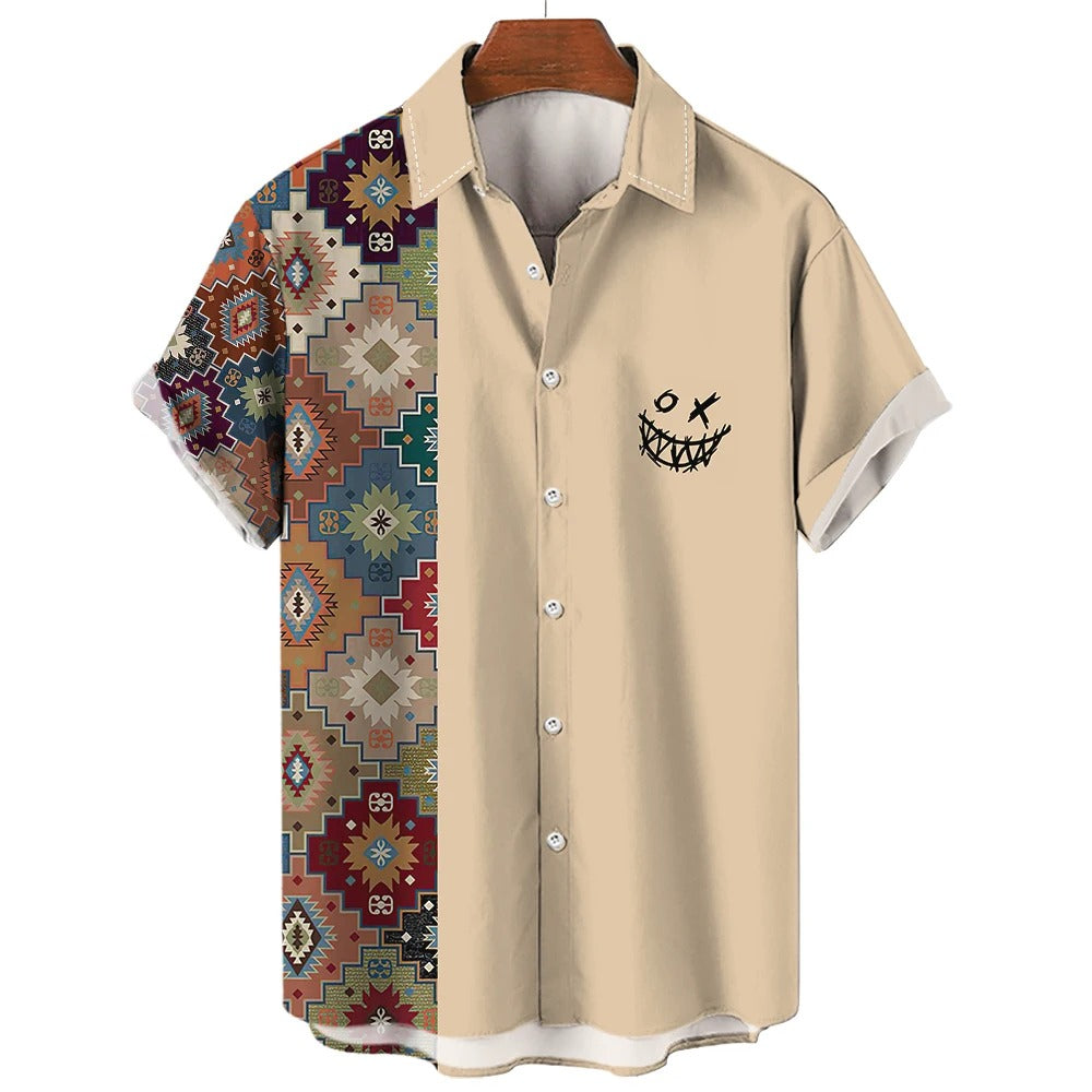 Maglietta casual a maniche corte da uomo con stampa etnica vintage, da cowboy, con risvolto e bottoni, polo da strada
